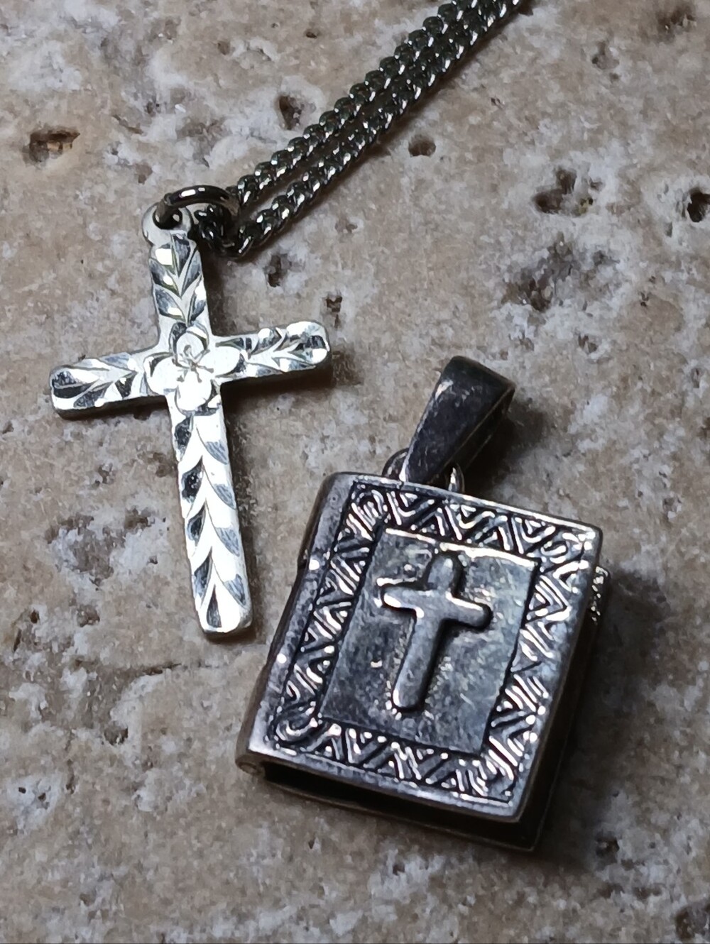 2 pcs.  -  Dainty Sterling Cross Necklace and Articulated Sterling Bible Charm